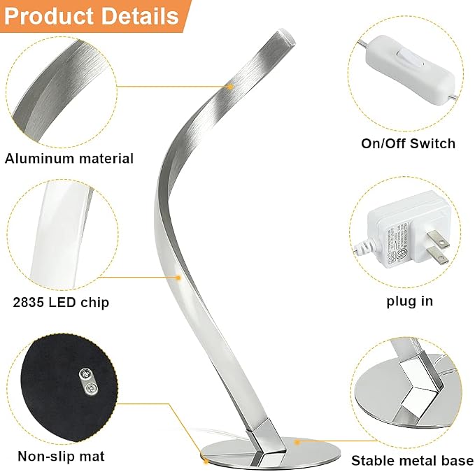Modern Spiral LED Table Lamp, 3000K Warm White Light
