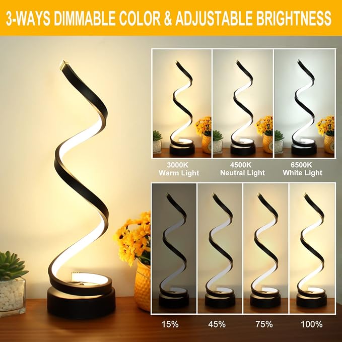 Modern Spiral LED Table Lamp – Black & White, Dimmable