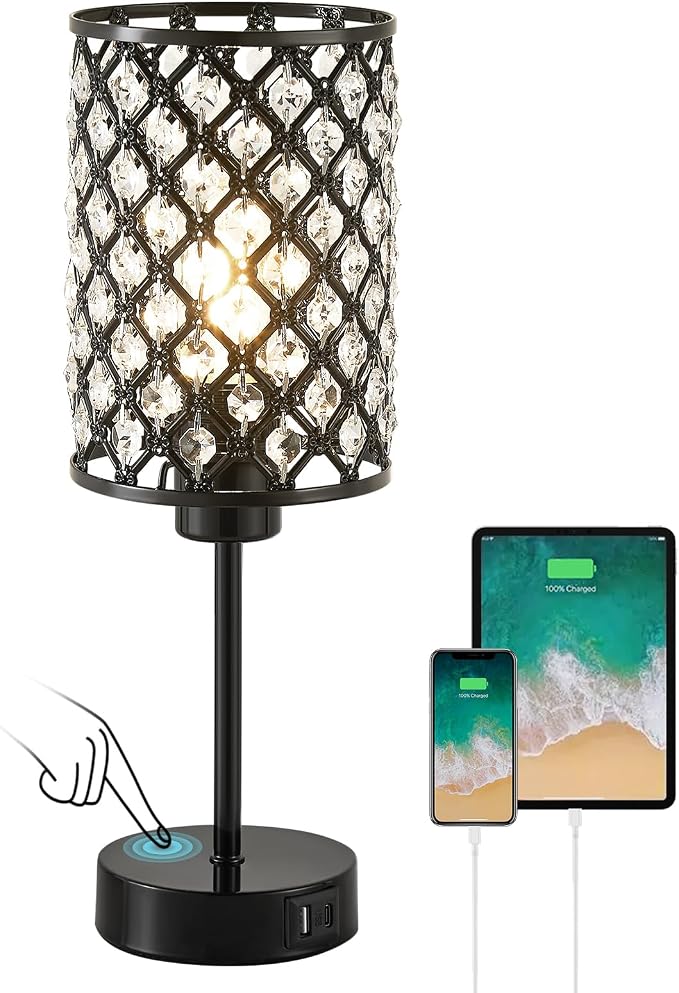 Crystal Touch Table Lamp with USB-C & USB-A Ports