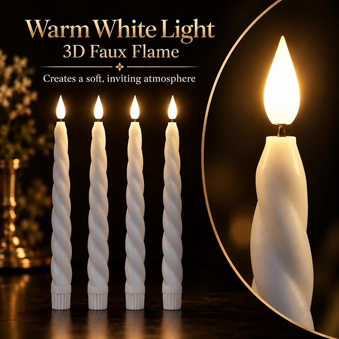 White Twisted Flameless LED Taper Candles – Set of 4