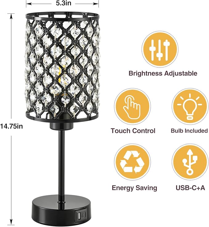 Crystal Touch Table Lamp with USB-C & USB-A Ports