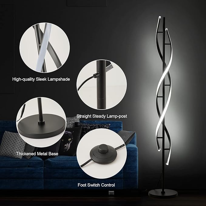 60-Inch Black Spiral LED Floor Lamp with Remote