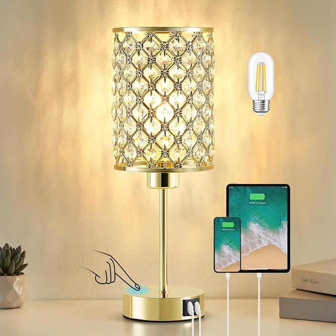 Crystal Touch Table Lamp with USB-C & USB-A Ports