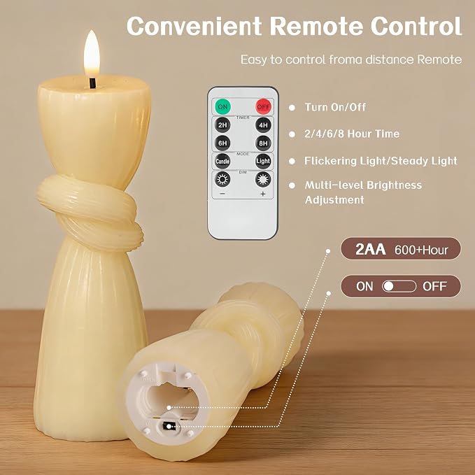 Ivory Twisted Flameless Pillar Candles with Remote – Set of 2