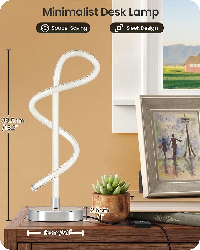 Silver Spiral LED Table Lamp with Adjustable Brightness