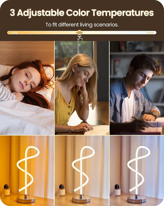Silver Spiral LED Table Lamp with Adjustable Brightness