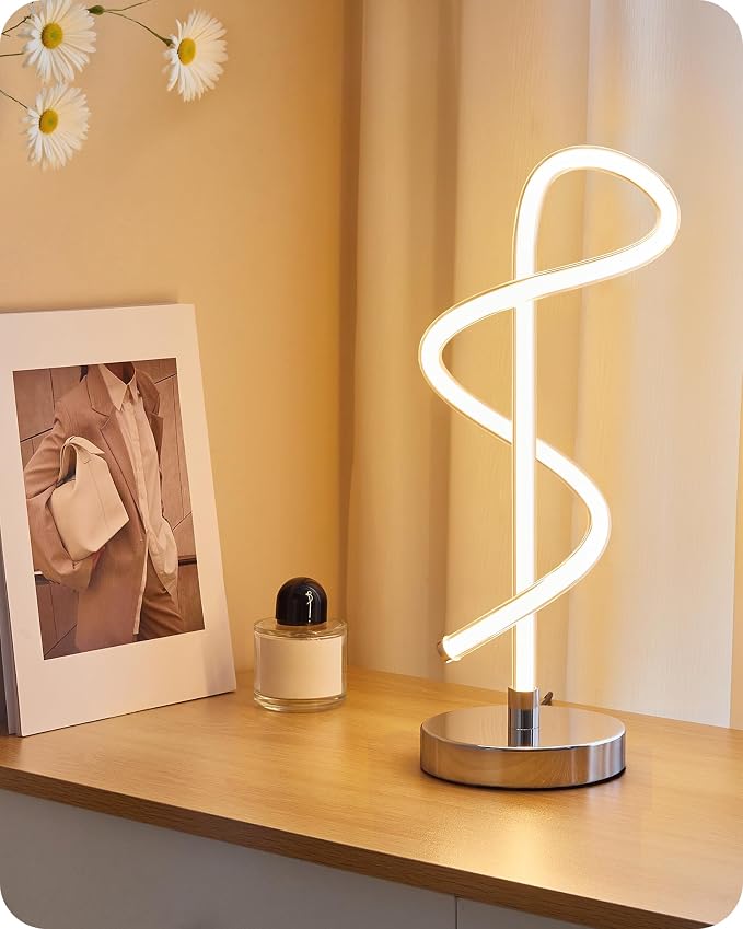 Silver Spiral LED Table Lamp with Adjustable Brightness