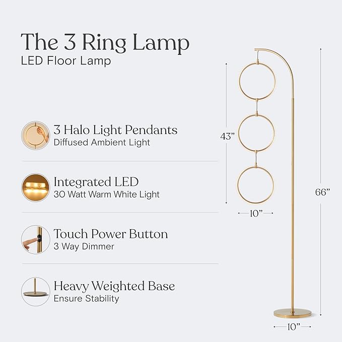 Gold 3-Ring LED Floor Lamp with Dimmable Lighting