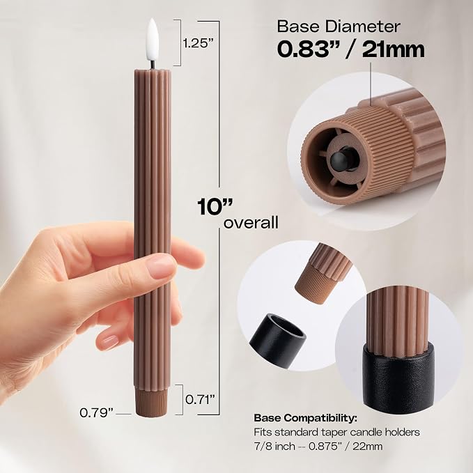 Brown Tan Ribbed Flameless LED Taper Candles – Set of 6