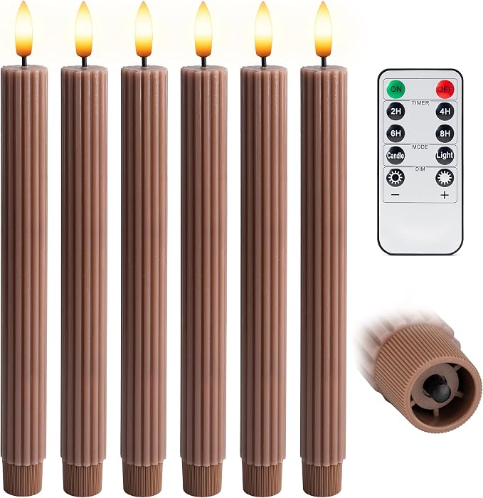 Brown Tan Ribbed Flameless LED Taper Candles – Set of 6
