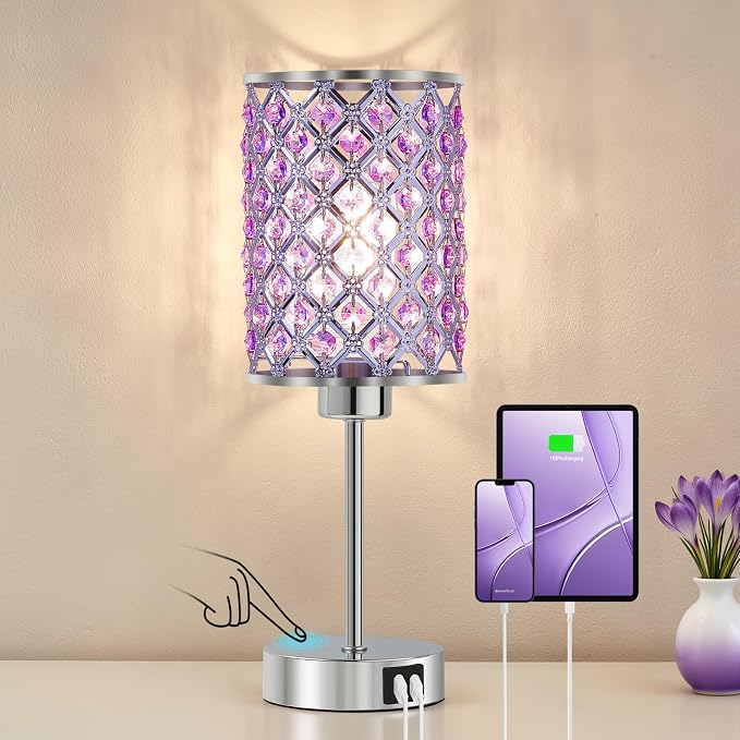 Crystal Touch Table Lamp with USB-C & USB-A Ports