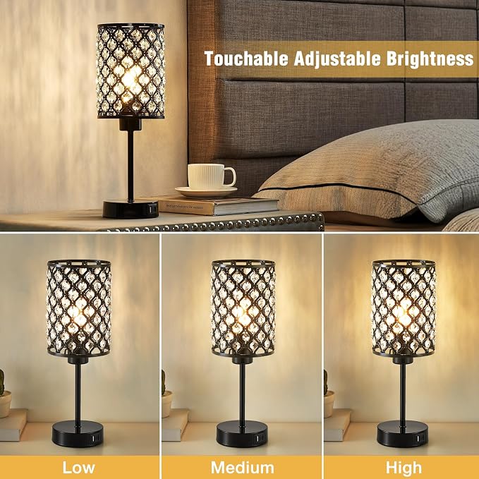 Crystal Touch Table Lamp with USB-C & USB-A Ports