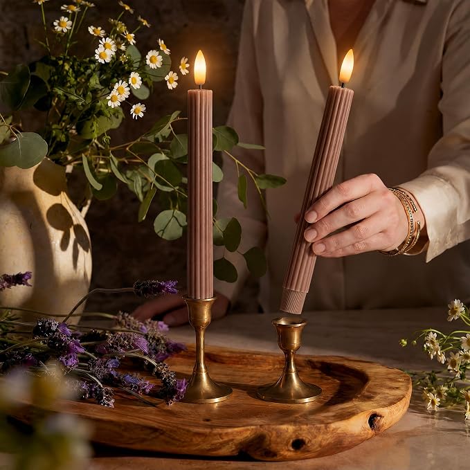 Brown Tan Ribbed Flameless LED Taper Candles – Set of 6
