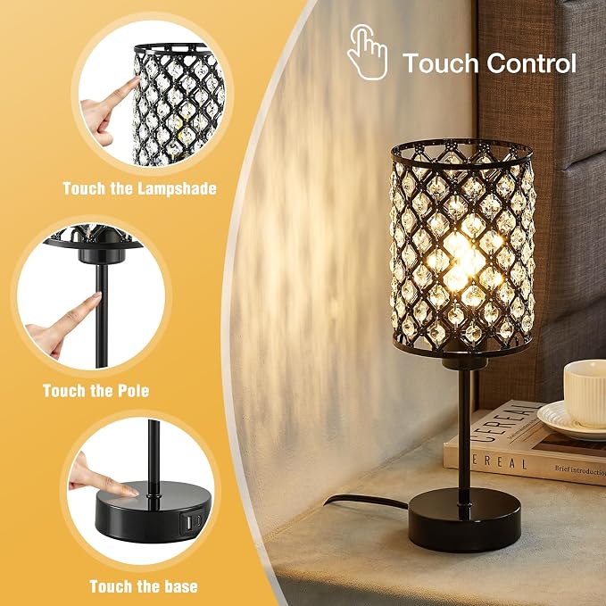 Crystal Touch Table Lamp with USB-C & USB-A Ports