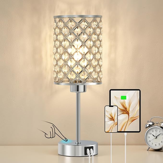 Crystal Touch Table Lamp with USB-C & USB-A Ports