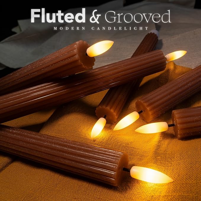 Brown Tan Ribbed Flameless LED Taper Candles – Set of 6