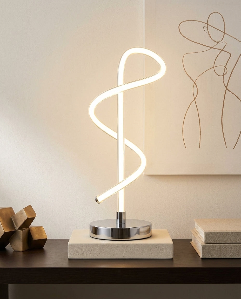 Silver Spiral LED Table Lamp with Adjustable Brightness