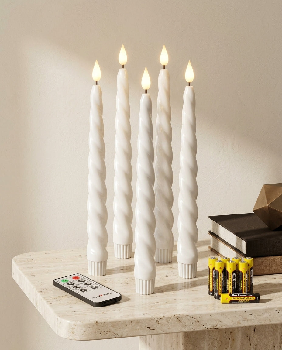 White Twisted Flameless LED Taper Candles – Set of 4
