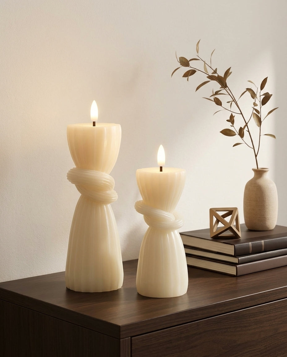 Ivory Twisted Flameless Pillar Candles with Remote – Set of 2