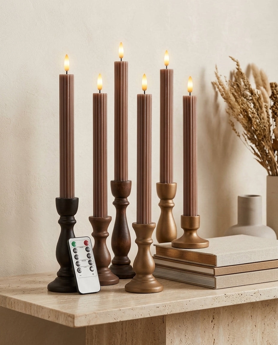 Brown Tan Ribbed Flameless LED Taper Candles – Set of 6